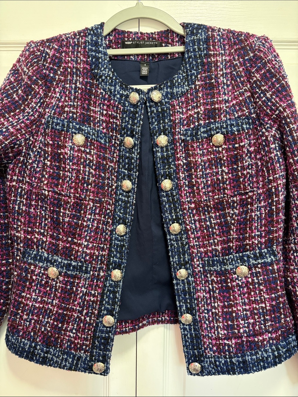 White House Black Market Pink & Navy Tweed Jacket 6 preppy